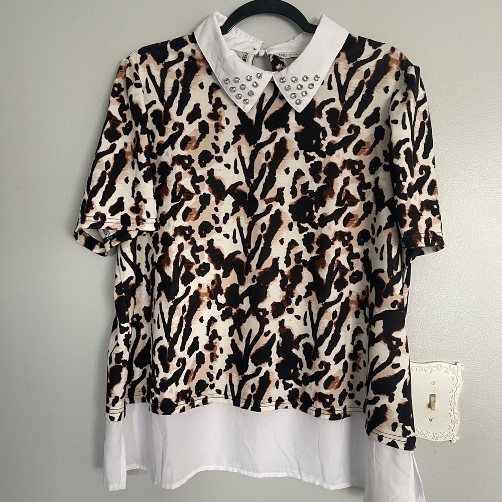 Cato Stud-Embellished Collar Animal Print Blouse - Brown/Black/White
